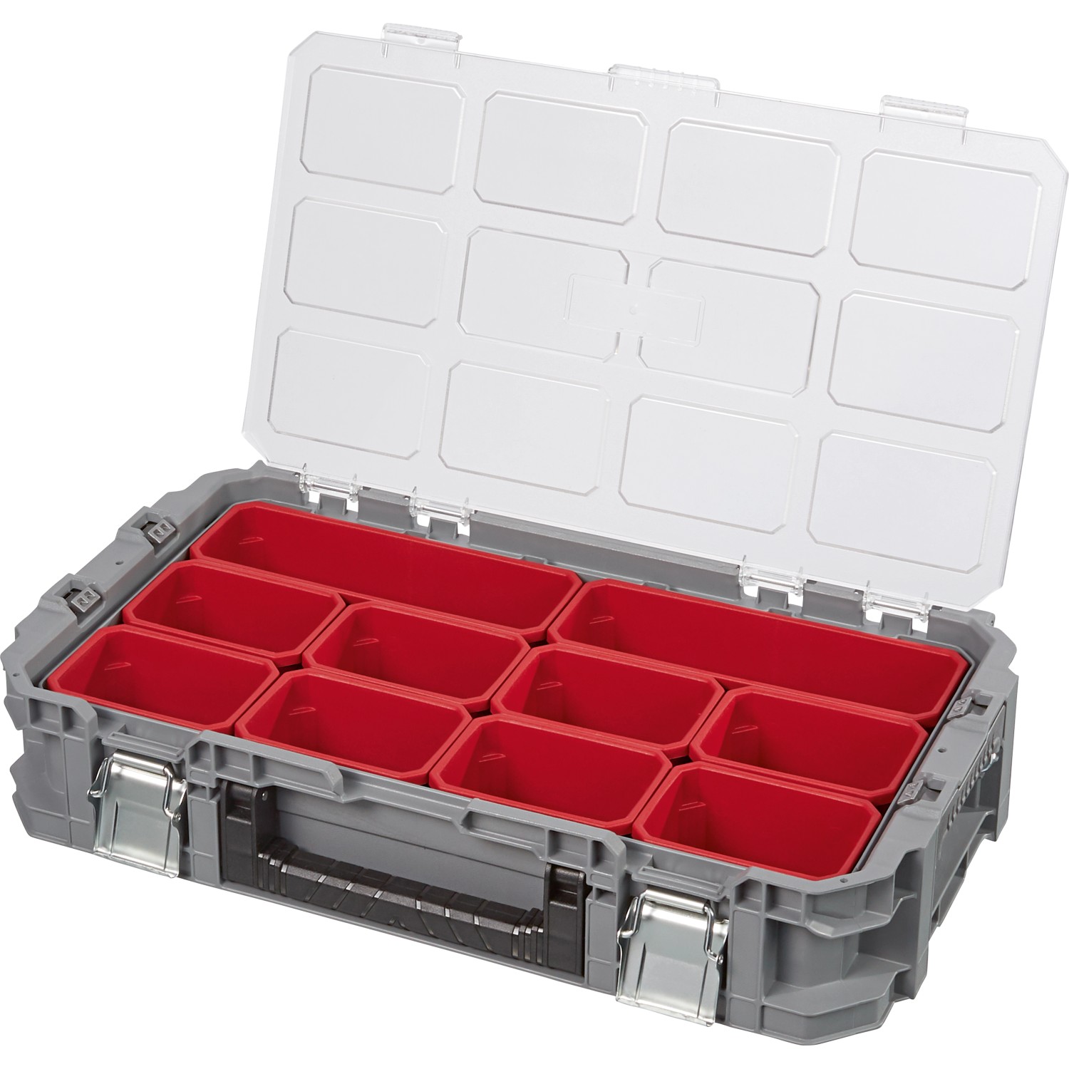 Keter Connect System Cantilever Organizer Werkzeugkoffer mit roten Fächern und transparentem Deckel.