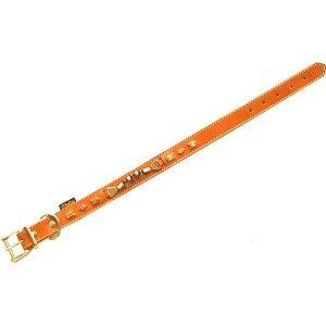 Cognacfarbenes Heim Hundehalsband Buffalo, 25mm breit, 55cm lang, mit Nieten und Verzierungen.