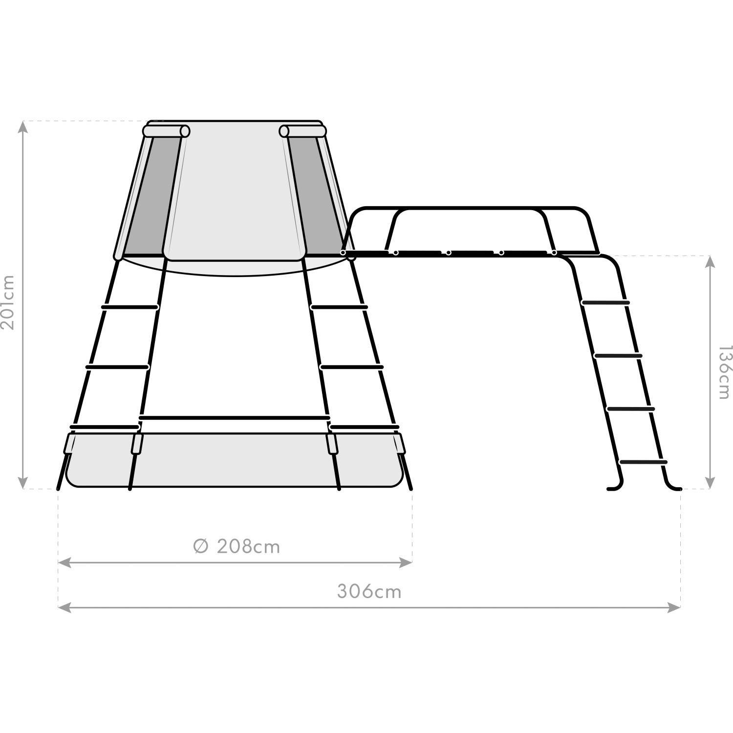 Skizze: TP Toys Klettergerüst Explorer, Spielturm mit Kletterwand, Höhle und Sandkasten, Maße: 201x306x136 cm.