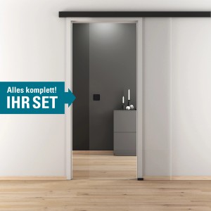 Glasschiebetür-Set Nova 510 Black mit Softeinzug und Griffmuschel, 190 cm, im Raum montiert.