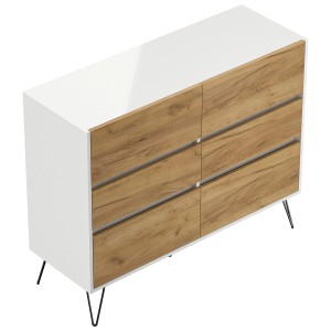 Posseik Sideboard Industrial M, weiß/Eiche, 120 cm breit, mit 6 Schubladen und schwarzen Metallfüßen.