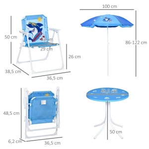 Outsunny Kinder Garten Tisch- und Stuhlset in Blau mit Hai-Muster, Sonnenschirm. Robustes 4-tlg. Set für Spiel & Spaß.