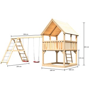 Karibu Spielturm Luis mit Doppelschaukel, Klettergerüst und Satteldach aus naturbelassenem Holz.