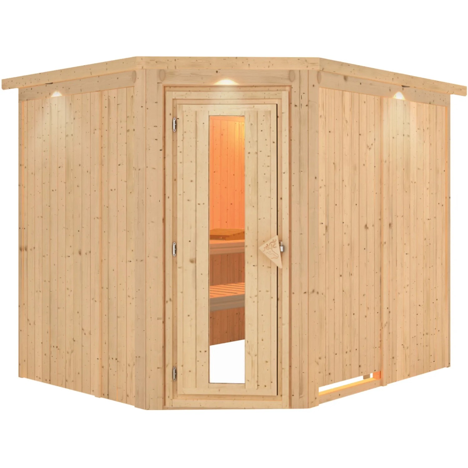 Karibu Elementsauna mit LED-Dachkranz aus naturbelassener Fichte mit Glastür und drei Liegen.