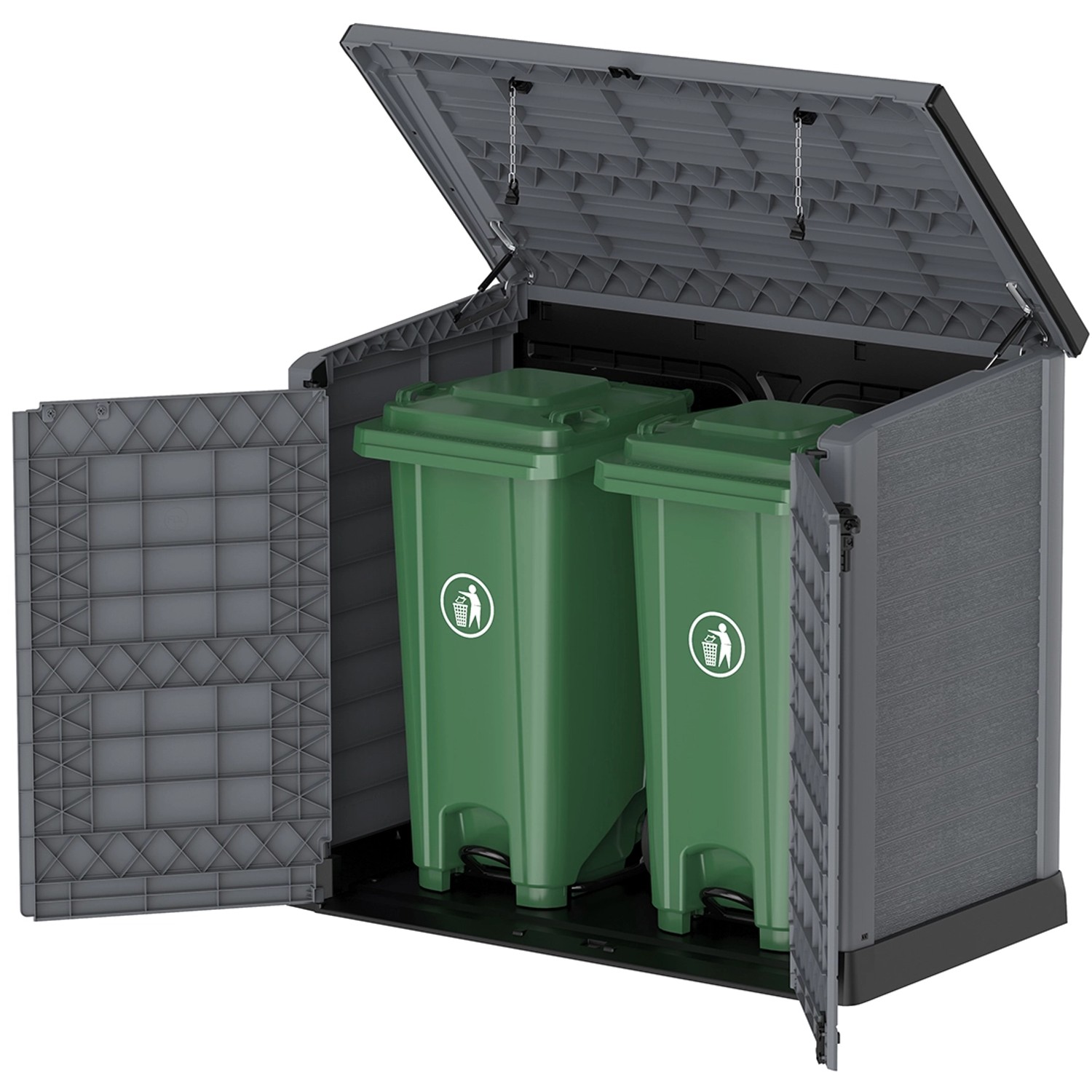 Geöffnete Duramax StoreAway Universalbox 1200 l in Anthrazit mit zwei grünen Mülltonnen.