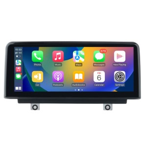 Junsun Android Multimedia Display für BMW F20-F36. Schwarzer Bildschirm mit CarPlay/Auto Oberfläche, App-Icons.