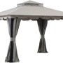 Grauer Sunjoy Gazebo Stoj Pavillon (336x402 cm) mit Stoffdach und Vorhängen.