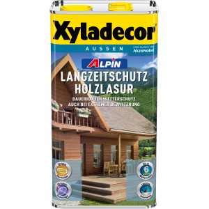 Xyladecor Alpin Holzlasur Nussbaum 5L für langanhaltenden Wetterschutz und schöne Holzoberflächen.