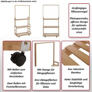Weißes MCW Bambus Pflanzenregal mit 3 Ablagen, Stange und Rollen, 175x93x38cm.