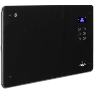 Schwarzer El Fuego Glaskonvektor 1500 W mit LCD-Anzeige und Touch-Bedienfeld.