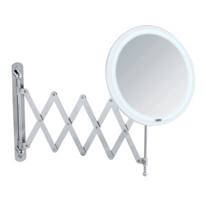 Wenko LED Teleskop-Wandspiegel Barona in Silber-Chrom mit ausziehbarem Arm und runder Spiegelfläche.