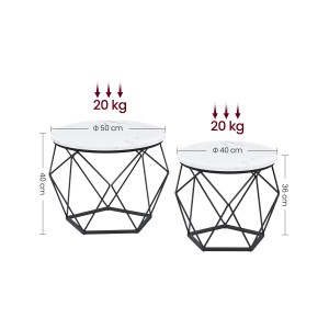 Vasagle Couchtisch 2er Set, rund, weiß-schwarz, mit geometrischem Stahlgestell.