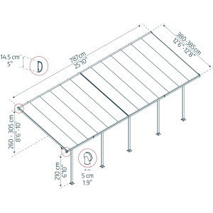 Technische Zeichnung: Palram Canopia Terrassenüberdachung Feria, Maße und Details.