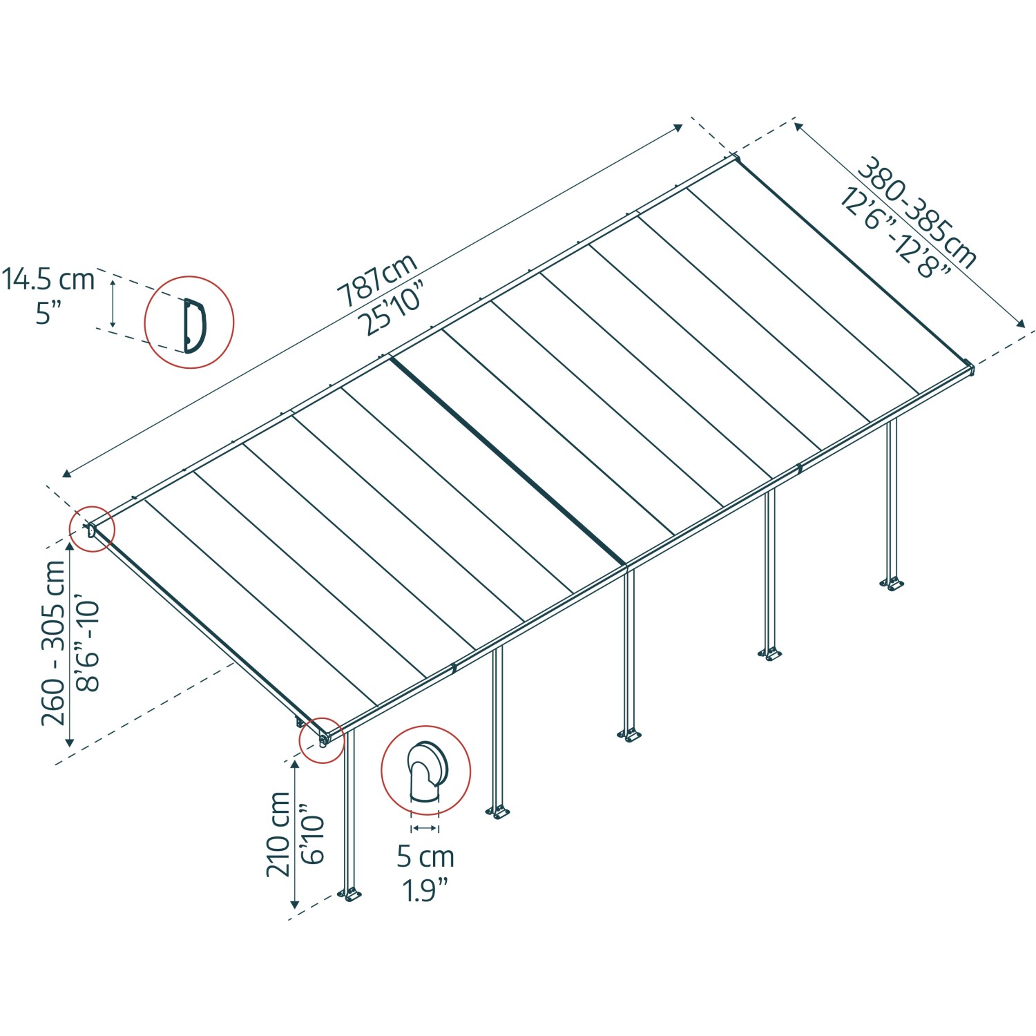 Technische Zeichnung: Palram Canopia Terrassenüberdachung Feria, Maße und Details.