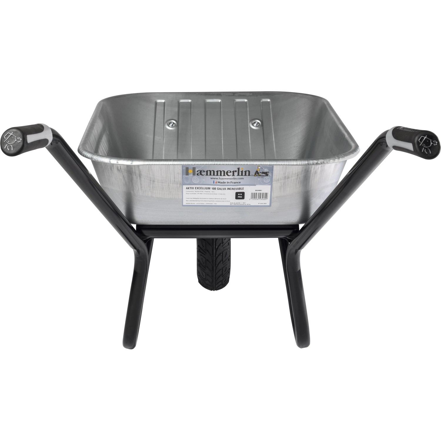 Haemmerlin Einrad-Schubkarre, 100 l, verzinkte Mulde, 200 kg Traglast für Bau und Garten.