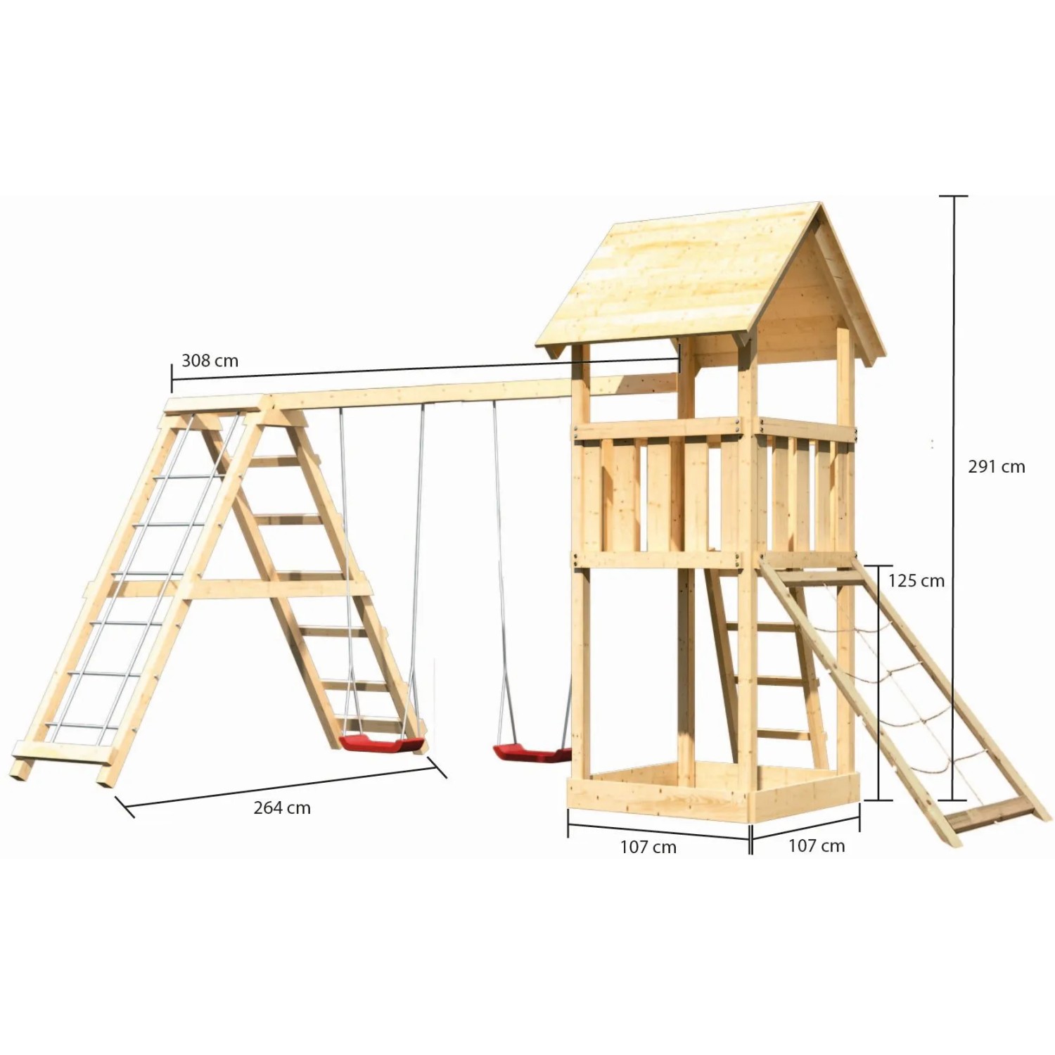 Karibu Spielturm Lotti mit Doppelschaukel, Klettergerüst & Netzrampe aus Holz.