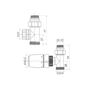 Technische Zeichnung: Schulte ExpressPlus Thermostat-Set Durchgang, verchromt, mit Maßangaben.