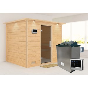 Karibu Sauna Sarina mit Ofen, externer Steuerung und LED-Dachkranz aus naturbelassenem Holz.