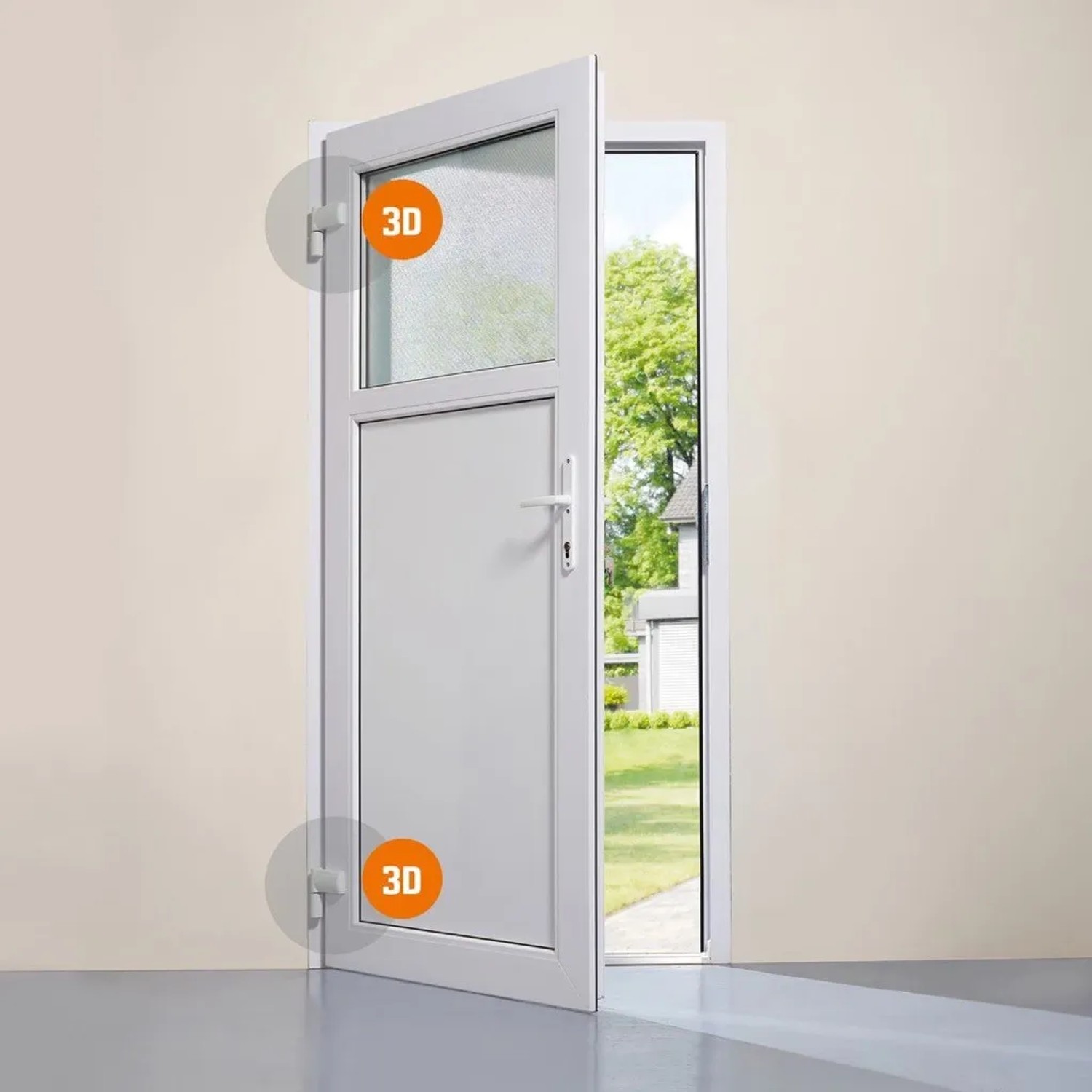 Geöffnete, weiße Nebeneingangstür K301-88 mit Glasausschnitt und Links-Anschlag.