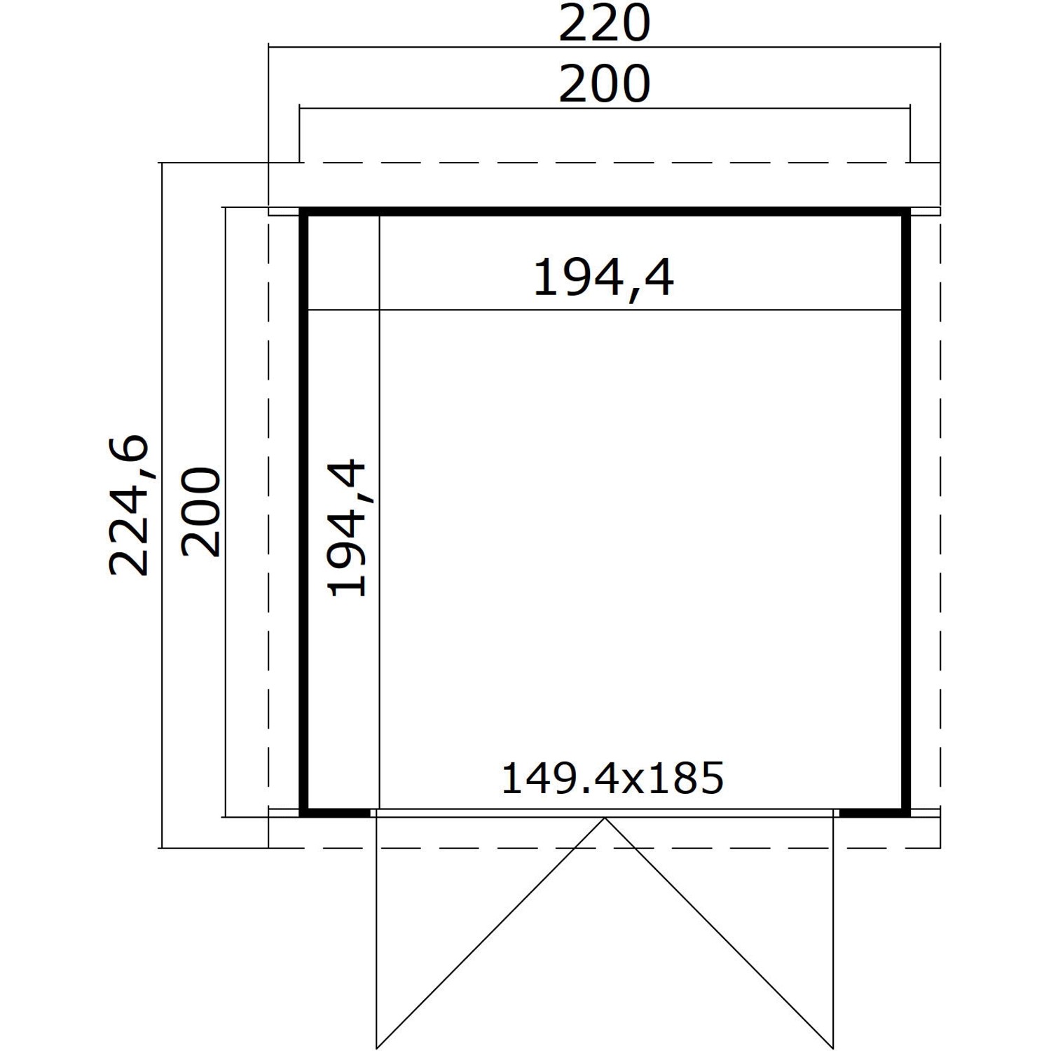 Skizze des Lasita Holz-Gartenhauses Zambezi 1 (220x224,6cm) mit Maßangaben.
