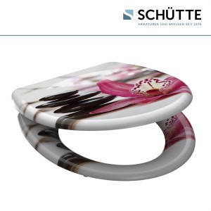 Schütte WC-Sitz Wellyness Duroplast mit Orchideen-Motiv, Absenkautomatik und Schnellverschluss.