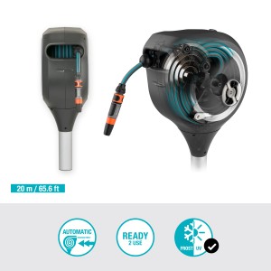 Gardena Garten-Schlauchbox RollUp M 20 m mit automatischem Aufroller und Gartenschlauch.