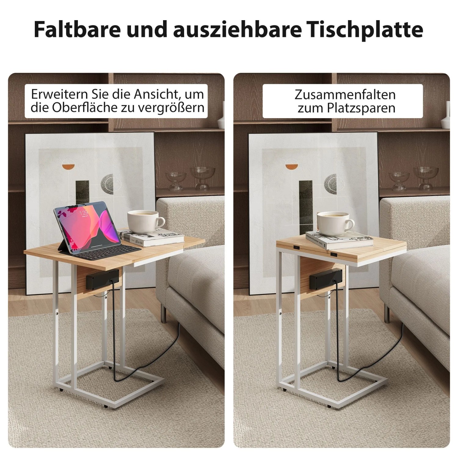 HOMCOM Beistelltisch C-förmig, Holzplatte ausziehbar/klappbar, weißes Metallgestell, mit Ladestation. Zeigt beide Funktionen.