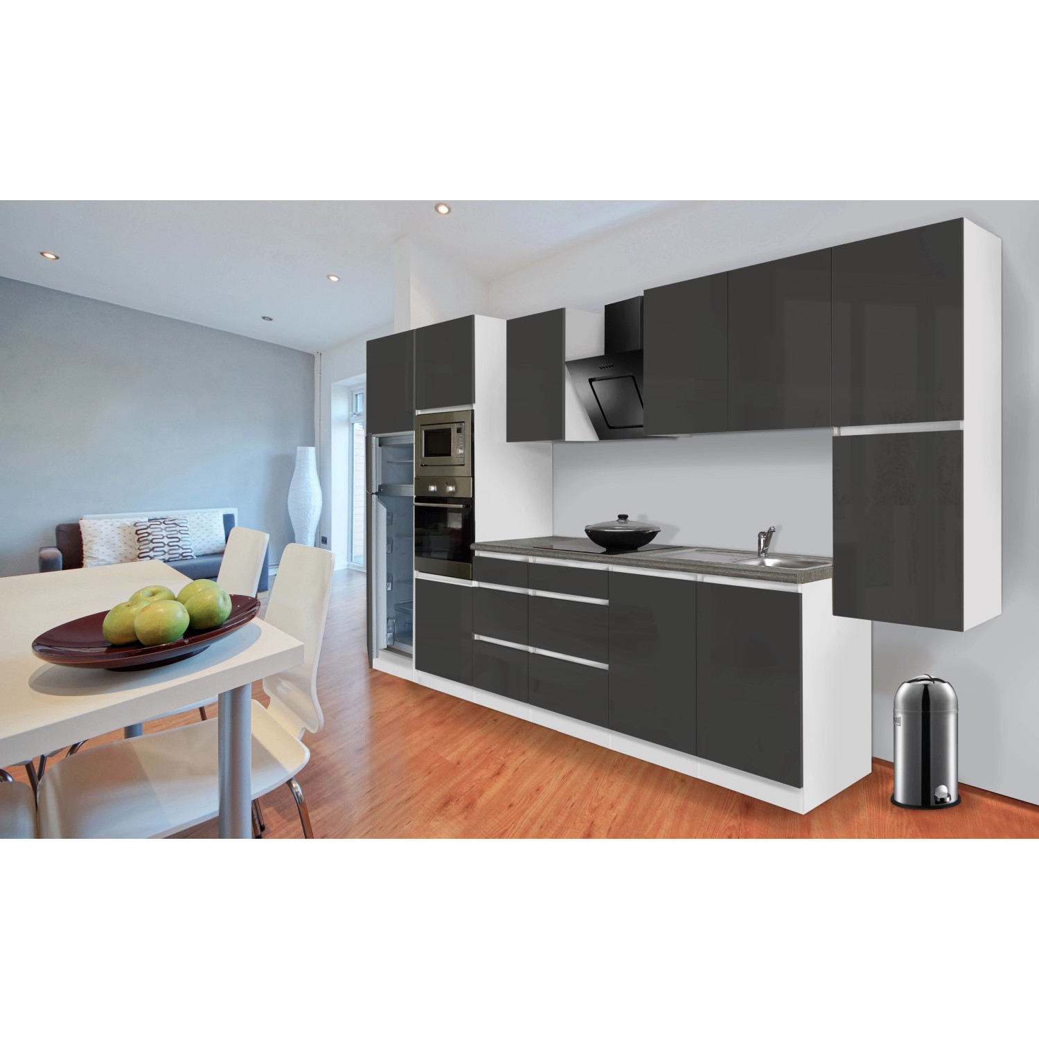 Moderne Respekta Premium Küchenzeile in Grau Hochglanz und Weiß mit E-Geräten.