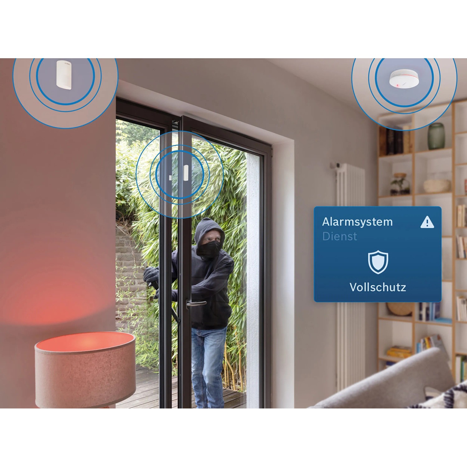 Bosch Smart Home Starter-Set Sicherheit II: Einbrecher an Tür, Rauchmelder, Fensterkontakt, Bewegungsmelder.