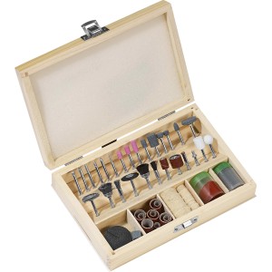 100-teiliges Mini-Tool Set in Holzbox: Schleif-, Polier- und Trennzubehör für Miniaturwerkzeuge.