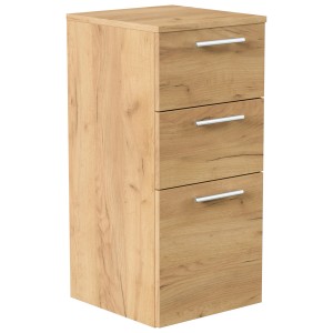 Posseik Midischrank, 75 cm, Eiche Gold, Bad-Einbauschrank mit drei Schubladen und silbernen Griffen.