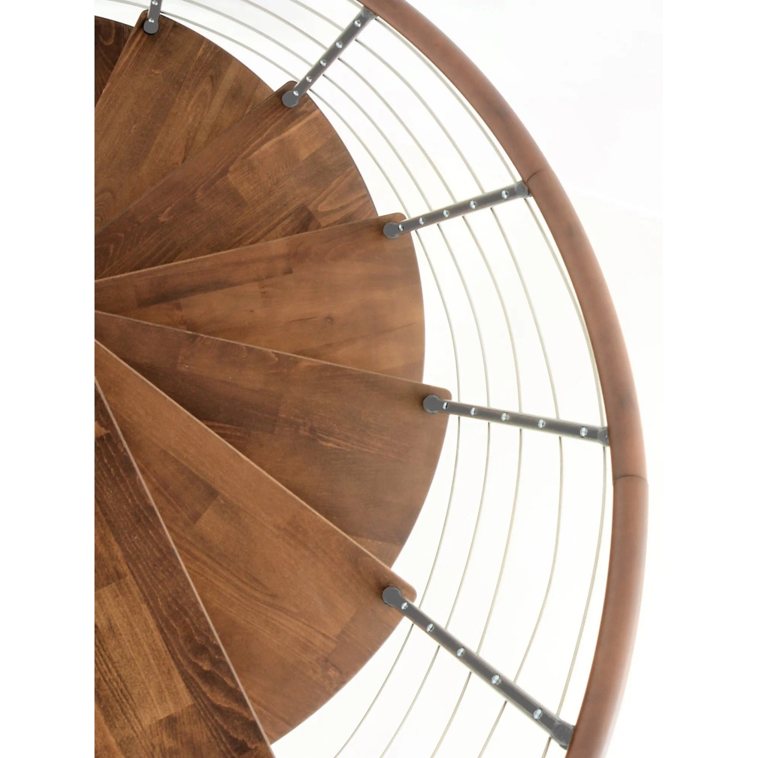 Minka Spindeltreppe Venezia, Walnuss-farbene Holzstufen und graues Geländer, spiralförmig.