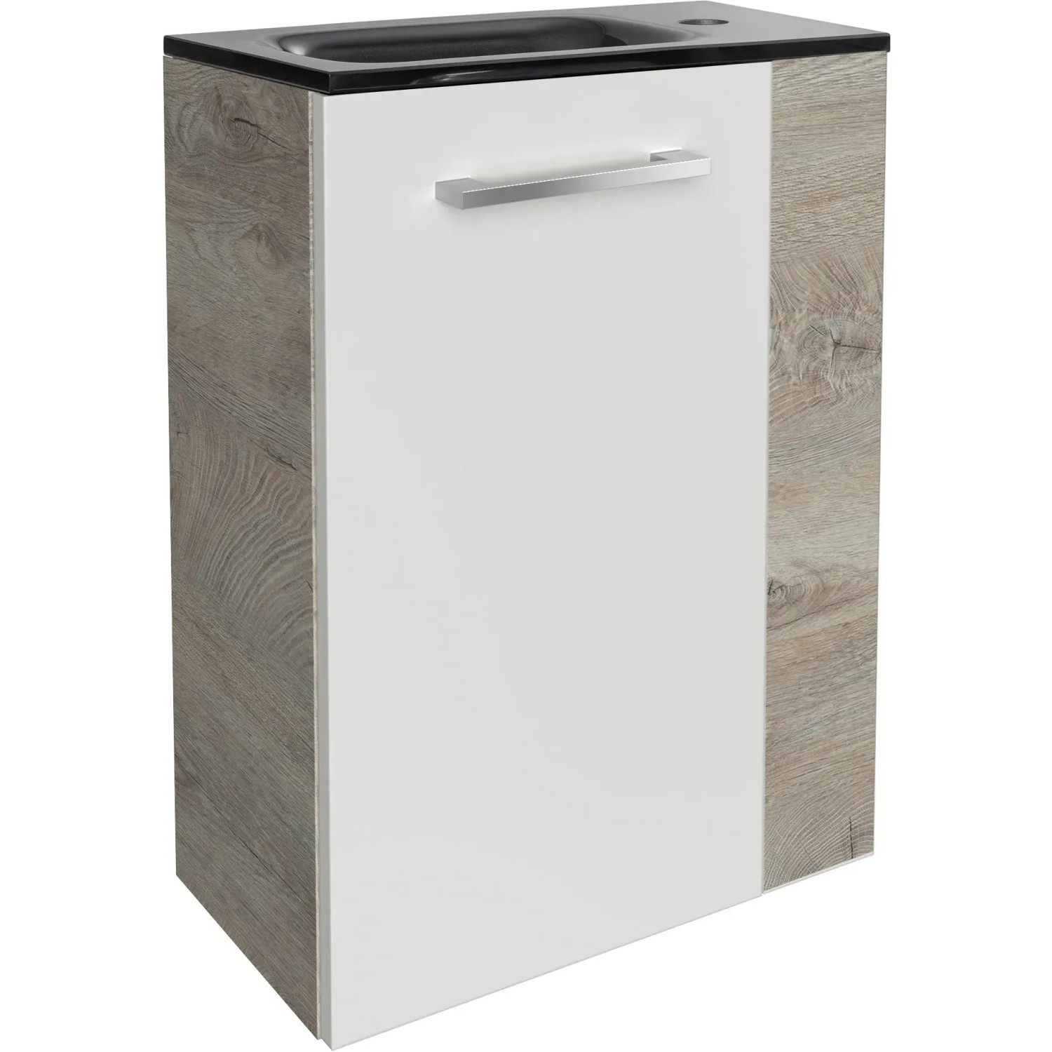 Fackelmann Waschbeckenunterschrank SBC Eiche Natur, 44 cm breit, mit weißer Tür und schwarzem Waschbecken.