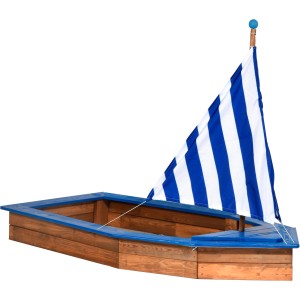 Dunkelbrauner Sandkasten im Schiff-Design mit blau-weißem Segel und blauen Akzenten.