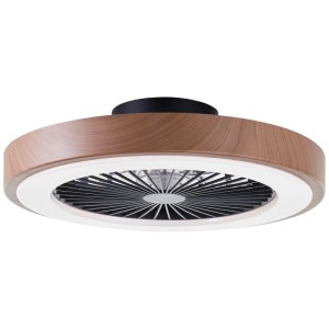 LED-Deckenleuchte Slimline mit Ventilator, schwarz und Holzfarben, Durchmesser 49 cm.