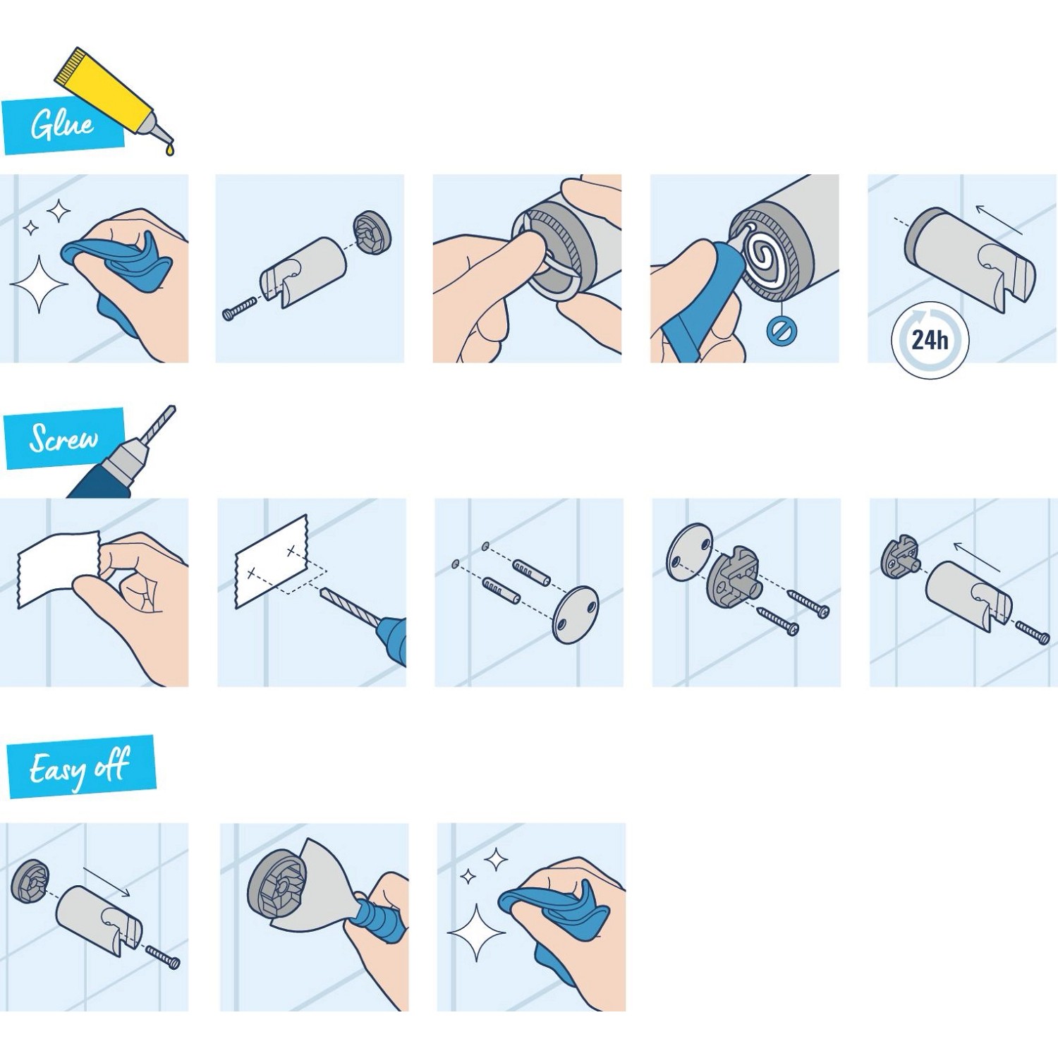 Montageanleitung für Grohe QuickGlue Set S: Kleben statt Bohren für Brauseprodukte.