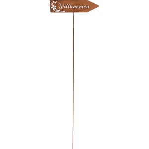 Gartenstecker Wegweiser Willkommen, 115 cm, rostfarben, aus Metall für den Außenbereich.