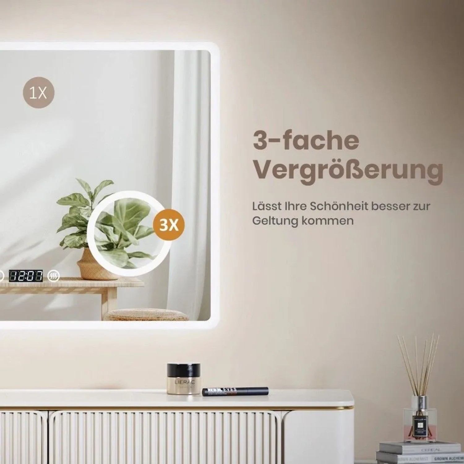 Emke Badspiegel 80x60 cm mit LED-Beleuchtung, 3-facher Vergrößerung und digitaler Uhr. Modernes Design.