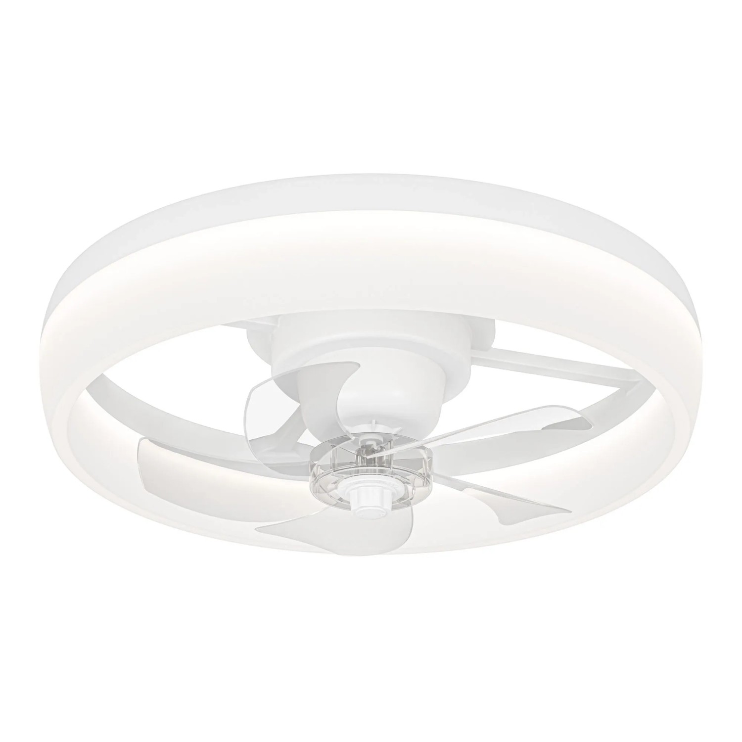 Weißer Eglo LED-Ventilator Castaic mit transparenten Flügeln, 50 cm Durchmesser. Deckenventilator mit Beleuchtung.