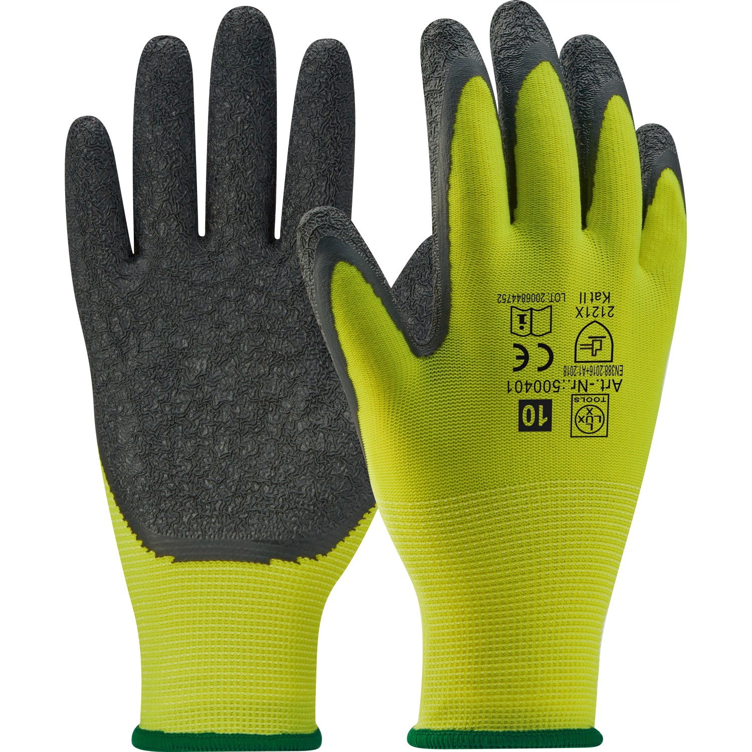 LUX-TOOLS Arbeitshandschuhe Gr. 8, 12er-Pack, gelb/grau mit Latex-Beschichtung.