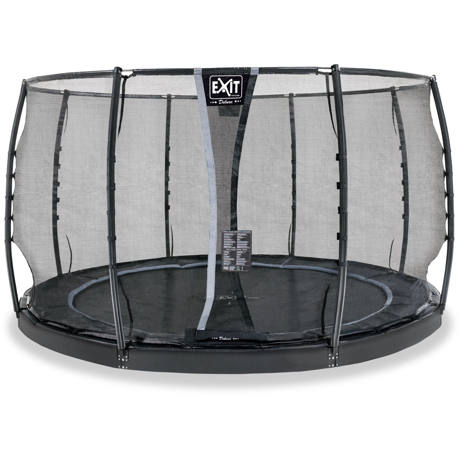 Schwarzes EXIT Dynamic Bodentrampolin Ø 366 cm mit Sicherheitsnetz.