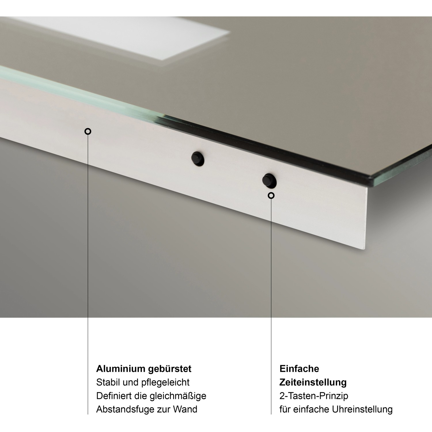 Detailaufnahme: DSK Design LED-Lichtspiegel Silver Time mit gebürstetem Aluminiumrahmen und seitlichen Tastern.