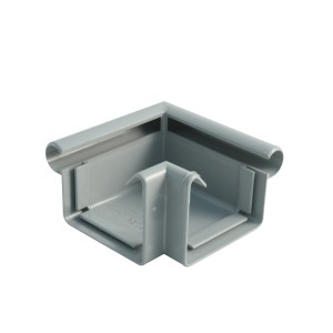 Graue Marley Kastenrinnen-Außenecke RG 70 zur Verbindung von Dachrinnen im 90-Grad-Winkel.