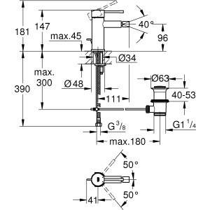 Technische Zeichnung: Grohe Essence Bidetarmatur in Hard Graphite mit Maßangaben.