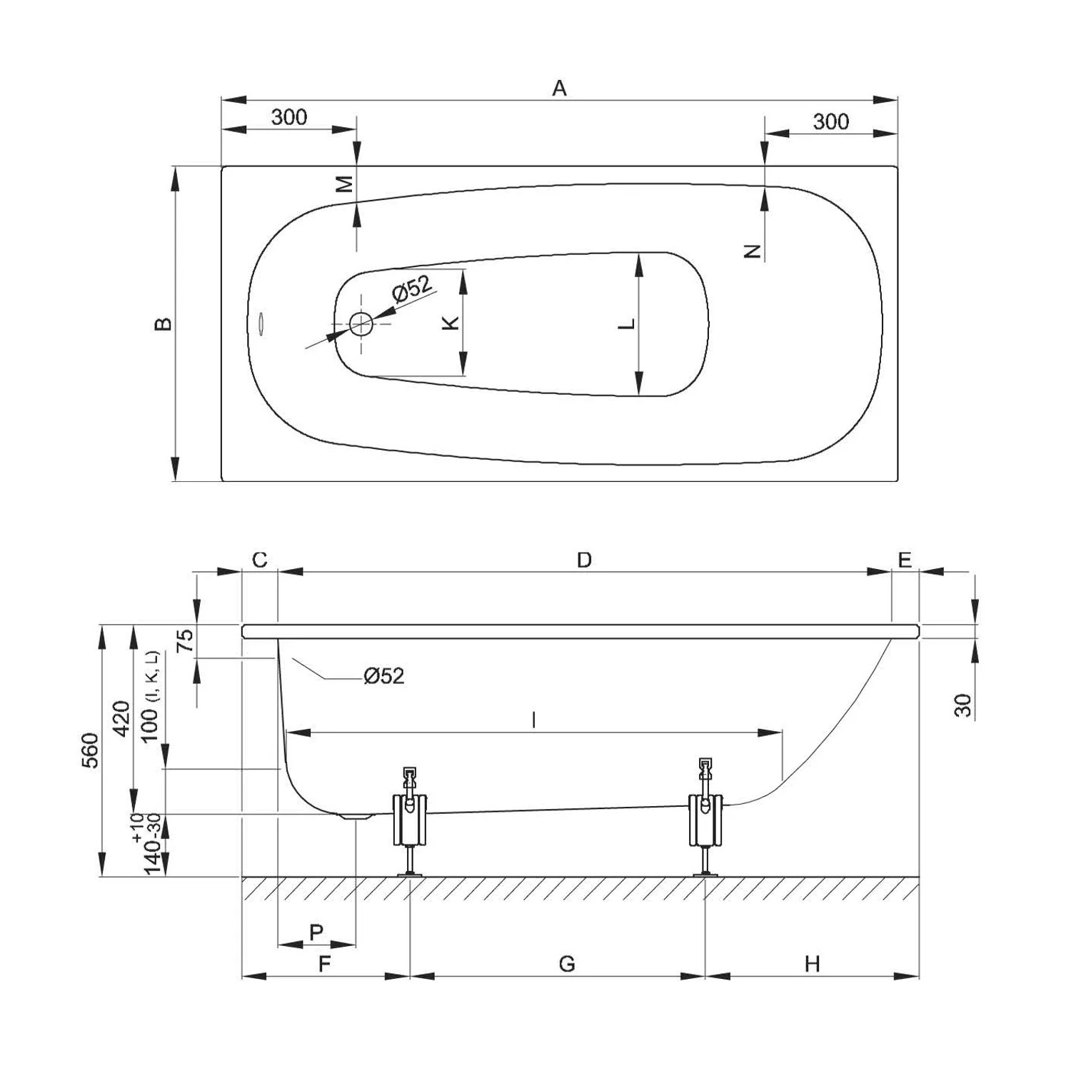 Technische Zeichnung Bette Badewanne Steel 170x75 cm, Maße und Details.