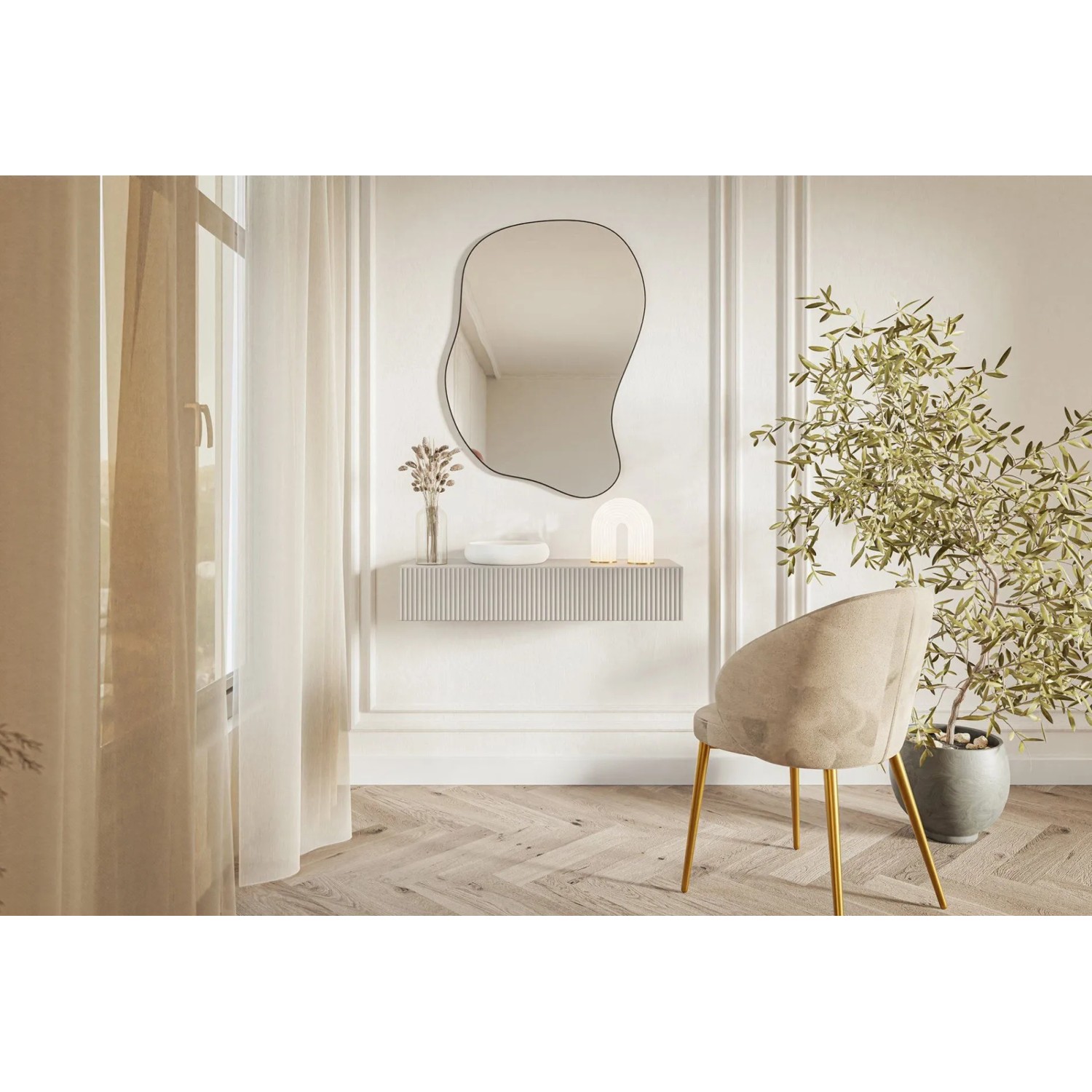 Selsey Veldio Wand-Konsole Greige, Lamellenfront, Schublade. Modernes Design im hellen Raum.