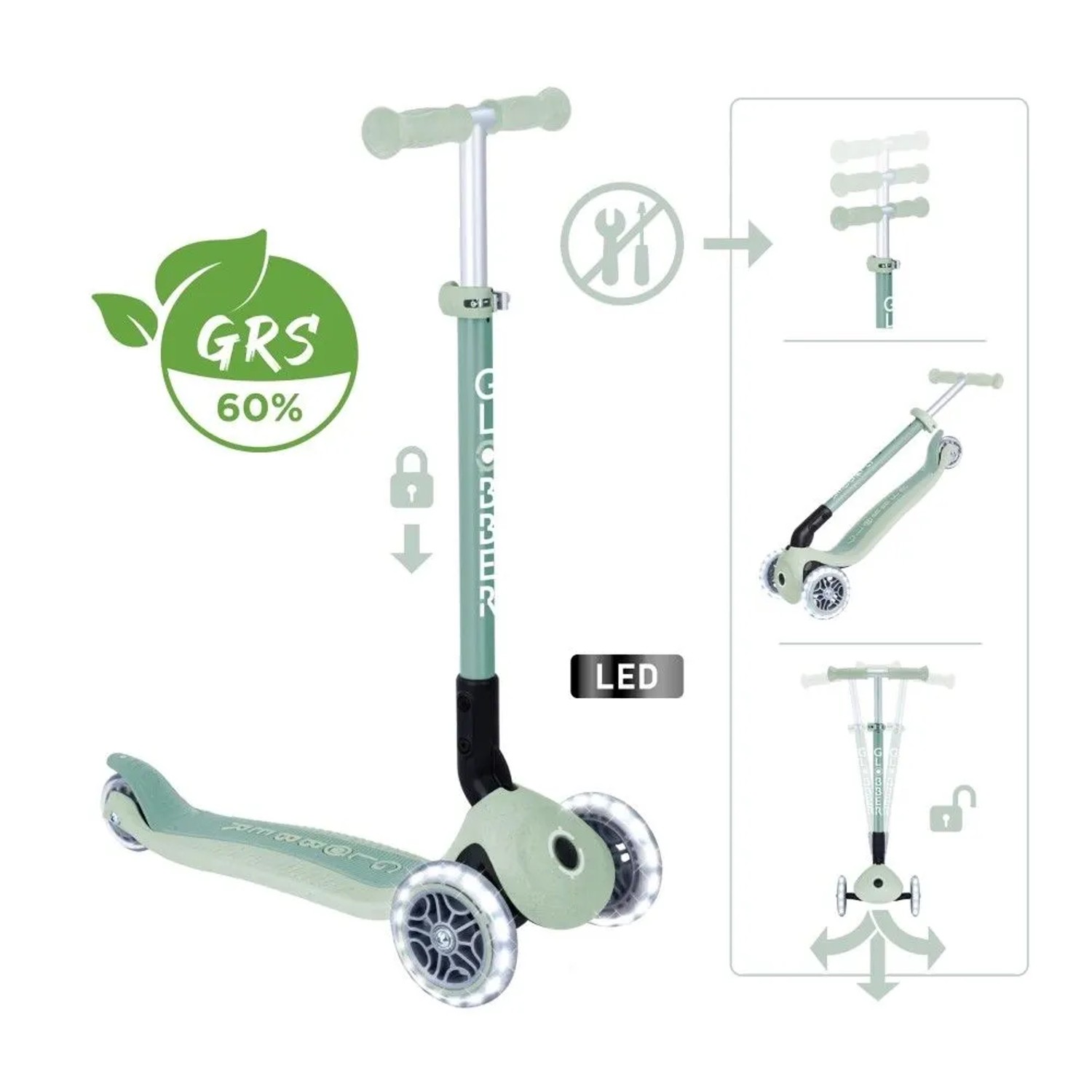 Pistazienfarbener Globber Primo Foldable Lights 3-Rad Tretroller mit LED-Rollen, höhenverstellbar, klappbar. GRS 60% Logo.