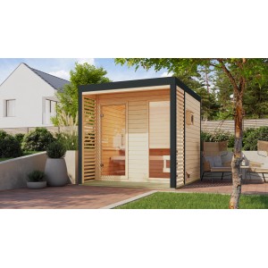 Karibu Saunahaus Seros 2, naturbelassen/anthrazit, mit Glasfront und Holzwänden im Garten.
