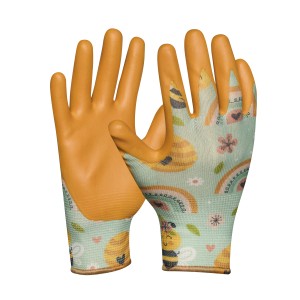 Gebol Arbeitshandschuhe Gardeluxe Kids, Größe 5, Mädchen, mit Bienenmuster und Nitril-Beschichtung.