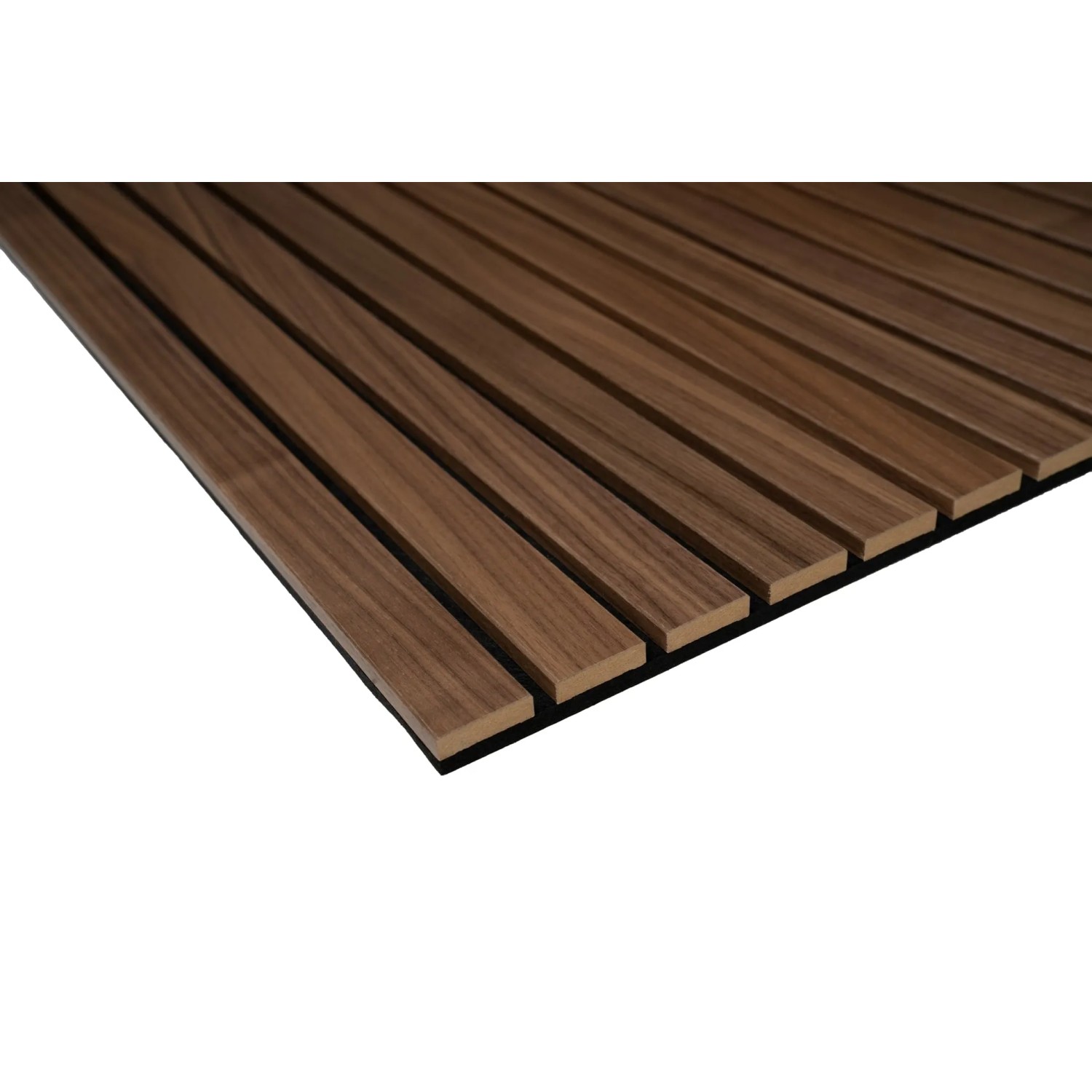 Akustikpaneel Lux Walnuss, MDF mit schwarzem Filz, 60x240cm. Schallabsorbierende Wandverkleidung.